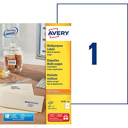 Avery 3478-100  – Papier autotocollant imprimante A4 - Format 210 x 297 mm - Blanc - (1 étiquette par feuille A4) - Personnalisables et imprimables - Impression laser, jet d'encre