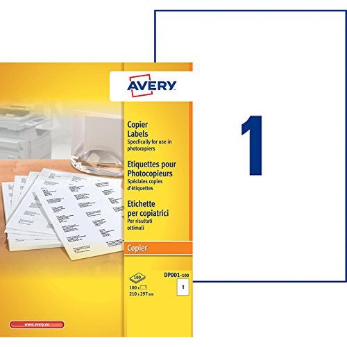 Avery DP001-100 – Boite de 100 étiquettes autocollantes (1 par feuille A4) – Format 297x210 mm – Impression copieur – Blanc