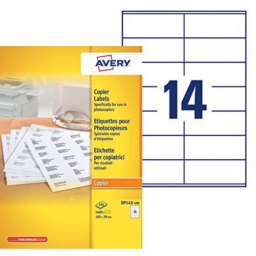 Avery DP143-100 – Boite de 1400 étiquettes autocollantes (14 par feuille A4) – Format 105x39 mm – Impression copieur – Blanc