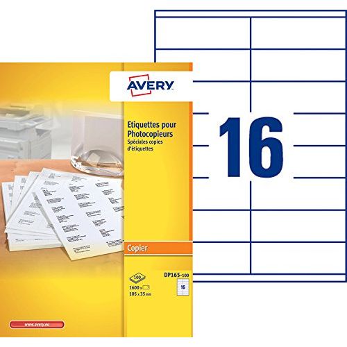 Avery DP165-100 – Boite de 1600 étiquettes autocollantes (16 par feuille A4) – Format 35x105 mm – Impression copieur – Blanc