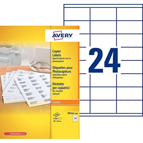 Avery DP245-100 – Boite de 2400 étiquettes autocollantes (24 par feuille A4) – Format 70x35 mm – Impression copieur – Blanc