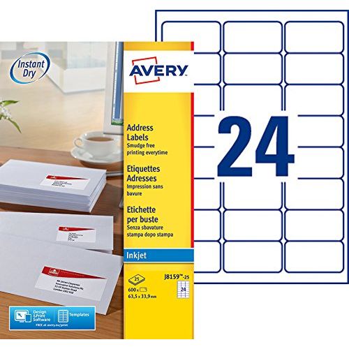 Avery J8159-25 – Boite de 600 étiquettes autocollantes (24 par feuille A4) – Format 33,9x63,5 mm – Impression jet d’encre – Blanc