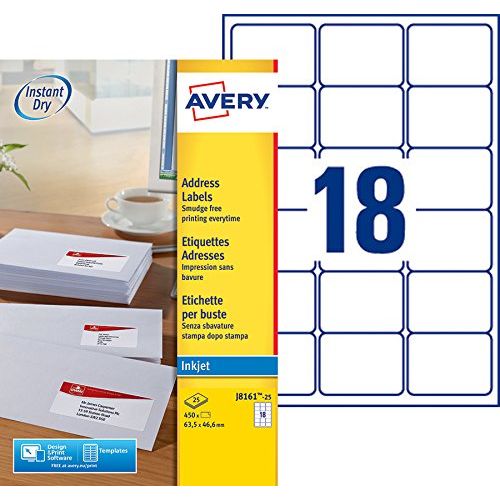 Avery J8161-25 – Boite de 450 étiquettes autocollantes (18 par feuille A4) – Format 46,6x63,5 mm – Impression jet d’encre – Blanc