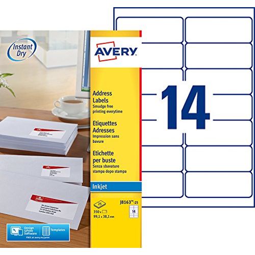 Avery J8163-25 – Boite de 350 étiquettes autocollantes (14 par feuille A4) – Format 38,1x99,1 mm – Impression jet d’encre – Blanc