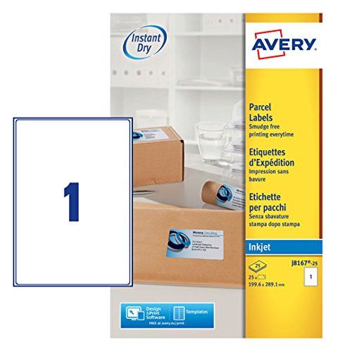 Avery J8167-25 – Boite de 25 étiquettes autocollantes (1 par feuille A4) – Format 199,6x289,1 mm – Impression jet d’encre – Blanc
