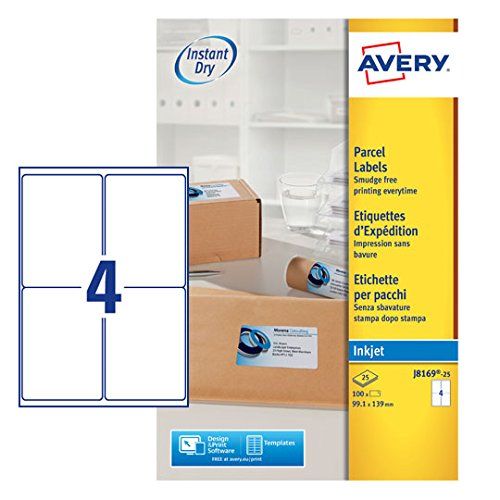 Avery J8169-25 – Boite de 100 étiquettes autocollantes (4 par feuille A4) – Format 139x99,1 mm – Impression jet d’encre – Blanc