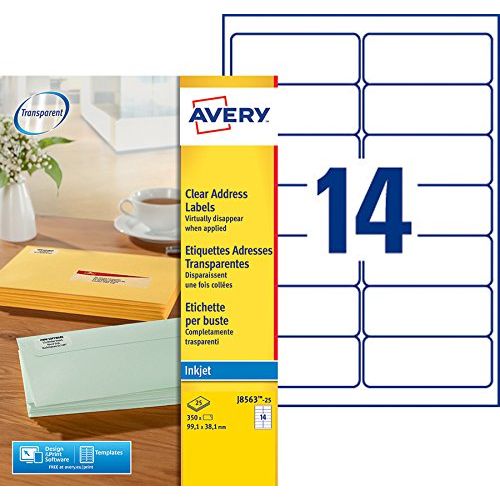 Avery J8563-25 – Boite de 350 étiquettes autocollantes (14 par feuille A4) – Format 99,1x38,1 mm – Impression jet d’encre – Transparent