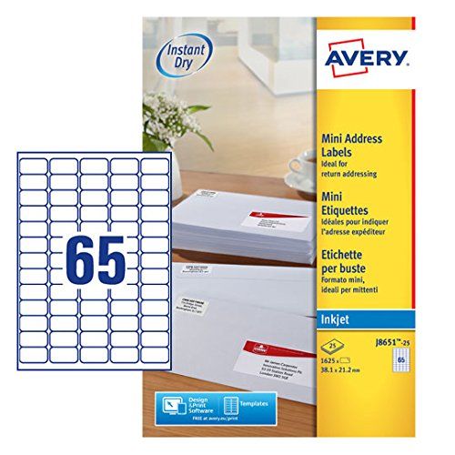 Avery J8651-25 – Boite de 1625 mini étiquettes autocollantes (65 par feuille A4) – Format 38,1x21,2mm – Impression jet d’encre – Blanc