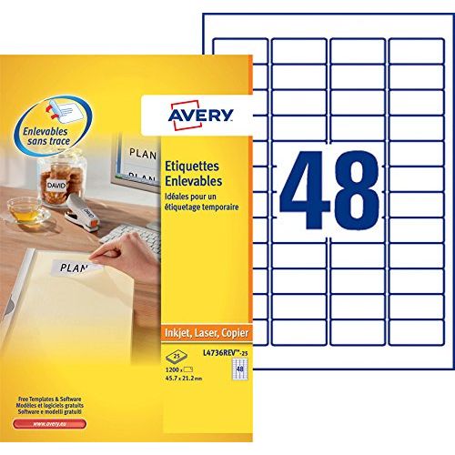 Avery L4736REV-25 – Boite de 1200 étiquettes autocollantes amovibles (48 par feuille A4) – Format 21,2x45,7mm – Impression laser, jet d’encre – Blanc
