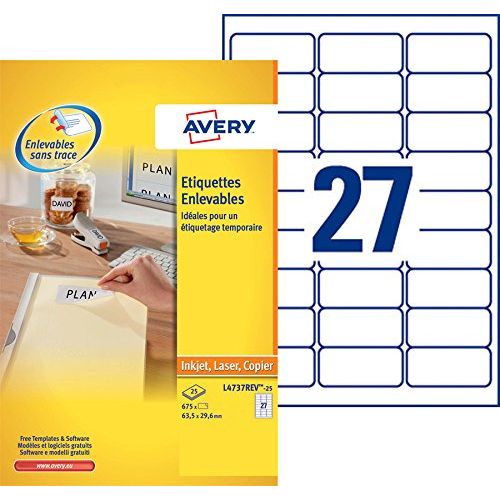 Avery L4737REV-25 – Boite de 675 étiquettes autocollantes amovibles (27 par feuille A4) – Format 63,5x29,6mm – Impression laser, jet d’encre – Blanc