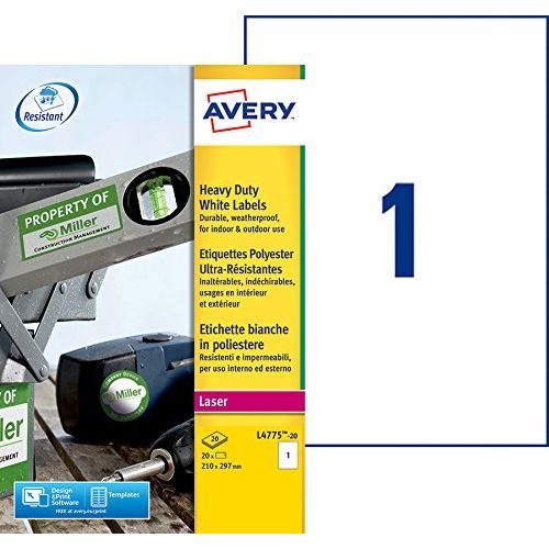 Avery L4775-20 – Boite de 20 étiquettes autocollantes ultra résistantes (1 par feuille A4) – Format 210x297 mm – Impression laser – Blanc