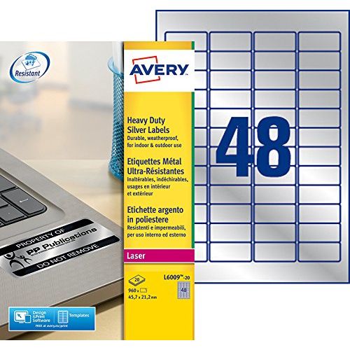 Avery L6009-20 – Boite de 960 étiquettes autocollantes ultra résistantes (48 par feuille A4) – Format 21,2x45,7mm – Impression laser – couleur métal