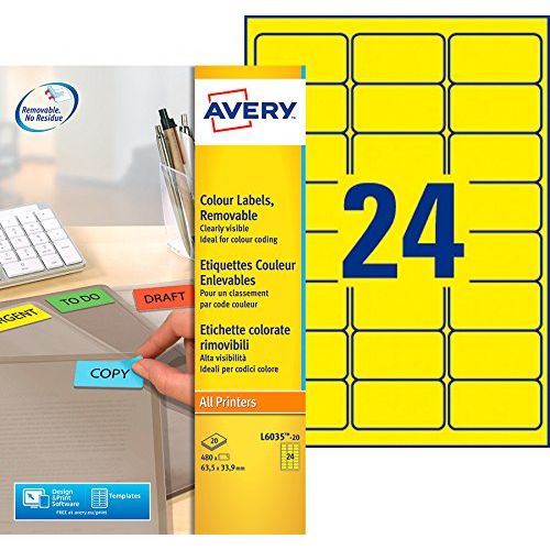 Avery L6035-20 – Boite de 480 étiquettes autocollantes amovibles (24 par feuille A4) – Format 33,9x63,5mm – Impression laser, jet d’encre, copieur – Jaune