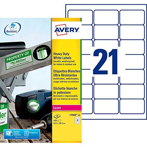 Avery L7060-20 – Boite de 420 étiquettes autocollantes ultra résistantes (21 par feuille A4) – Format 38,1x63,5mm – Impression laser – Blanc