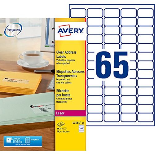 Avery L7551-25 – Boite de 1625 mini étiquettes autocollantes (65 par feuille A4) – Format 38,1x21,2mm – Impression laser – Transparent