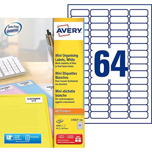 Avery L7652-100 – Boite de 6400 mini étiquettes autocollantes (64 par feuille A4) – Format 45,7x16,9 mm – Impression laser – Blanc
