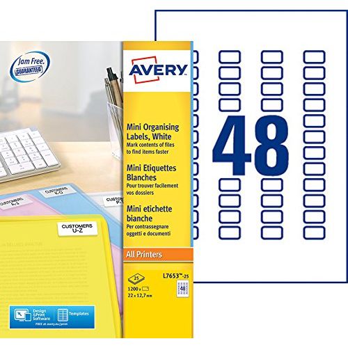 Avery L7653-25 – Boite de 1200 mini étiquettes autocollantes (48 par feuille A4) – Format 22x12,7 mm – Impression laser – Blanc