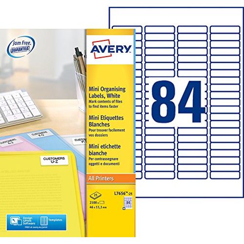 Avery L7656-25 – Boite de 2100 mini étiquettes autocollantes (84 par feuille A4) – Format 46x11,1 mm – Impression laser – Blanc