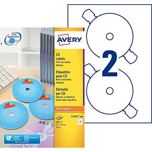Avery L7676-100 – Boite de 200 étiquettes autocollantes pour CD – Diamètre 117mm (2 par feuille A4) – Impression laser, jet d’encre – Blanc
