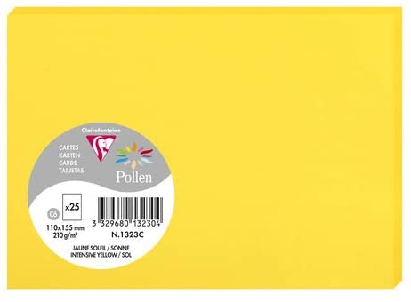 Clairefontaine 1323C – Paquet de 25 cartes Pollen de couleur Jaune Soleil format C6 110x155 mm 210g