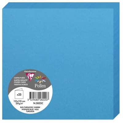 Clairefontaine 2822C – Paquet de 25 cartes doubles Pollen de couleur Bleu Turquoise format 135x135 mm 210g