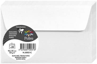 Clairefontaine 50031C – Paquet de 20 enveloppes Pollen de couleur Blanc Irisé format 90x140 mm 120g, auto-adhésive