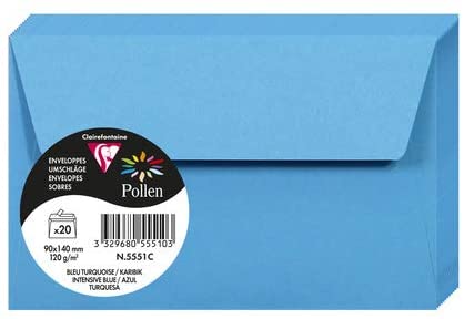 Clairefontaine 5551C – Paquet de 20 enveloppes Pollen de couleur Bleu Turquoise format 90x140 mm 120g, auto-adhésive