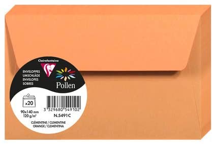 Clairefontaine 5491C – Paquet de 20 enveloppes Pollen de couleur Clémentine format 90x140 mm 120g, auto-adhésive