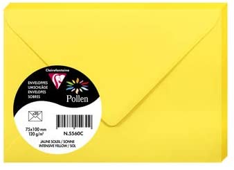 Clairefontaine 5560C – Paquet de 20 enveloppes Pollen de couleur Jaune Soleil format 75x100 mm 120g, patte gommée