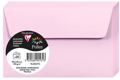 Clairefontaine 5531C – Paquet de 20 enveloppes Pollen de couleur Rose Dragée format 90x140 mm 120g, auto-adhésive