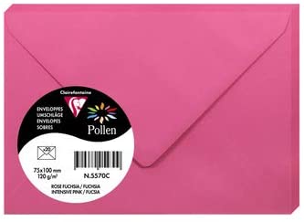Clairefontaine 5570C – Paquet de 20 enveloppes Pollen de couleur Rose Fuchsia format 75x100 mm 120g, patte gommée