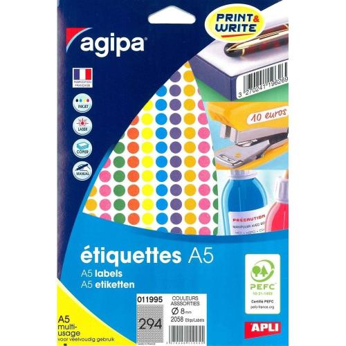 Agipa 011995 – Sachet de 2058 gommettes rondes ( 7 feuilles A5) – Diamètre 8mm – Couleurs assorties (bleu, jaune, orange, rose, vert, violet, rouge)