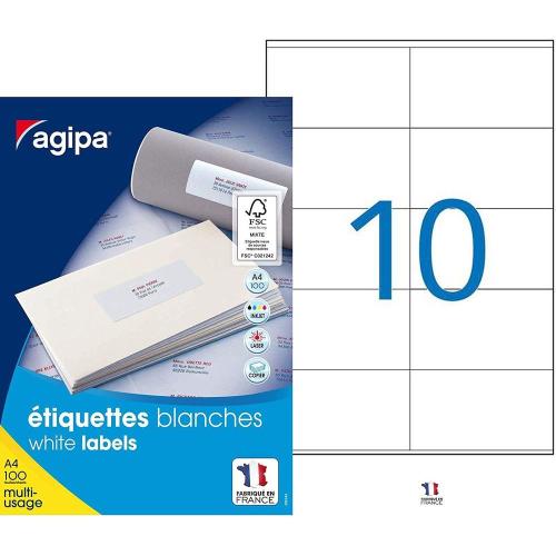 Agipa 100982 - Boite de 1000 étiquettes d'adressage autocollantes (10 par feuille A4) - Format 99,1x57 mm