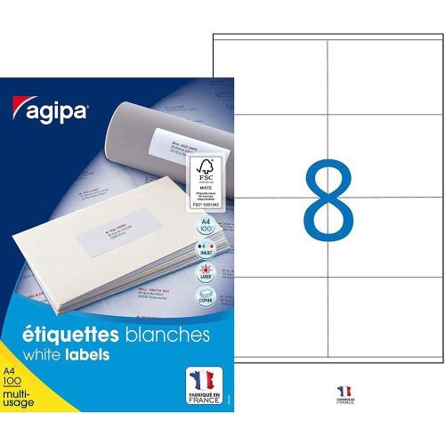 Agipa 100985 - Boite de 800 étiquettes d'adressage autocollantes (8 par feuille A4) - Format 105x74 mm