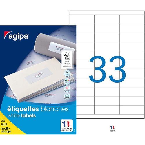 Agipa - Boite de 3300 mini étiquettes autocollantes (33 par feuille A4) - Format 70x25 mm