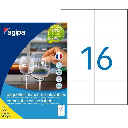 Agipa 101164 - Étiquettes repositionnables - 1600 étiquettes - 105 x 37 mm - 16 étiquettes imprimables par feuille A4 - Personnalisables et imprimables - Impression laser / Jet d'encre