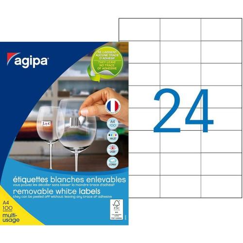 Agipa 101165 - Étiquettes repositionnables - 2400 étiquettes - 70 x 37 mm - 24 étiquettes imprimables par feuille A4 - Personnalisables et imprimables - Impression laser / Jet d'encre