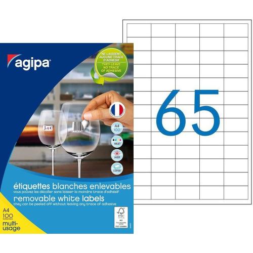 Agipa 128990 - Étiquettes repositionnables - 6500 étiquettes - 38 x 21.2 mm - 65 étiquettes imprimables par feuille A4 - Personnalisables et imprimables - Impression laser / Jet d'encre