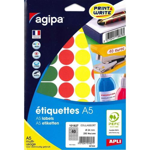 Agipa 101827 – Sachet de 280 étiquettes gommettes de signalisation – Diamètre 24mm – Couleurs assorties (bleu, jaune, orange, vert, rouge).