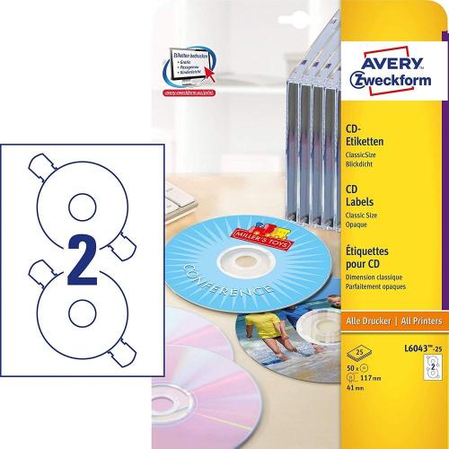 Avery L6043-25 – Boite de 50 étiquettes autocollantes pour CD – Diamètre 117mm (2 par feuille A4) – Impression laser, jet d’encre – Blanc