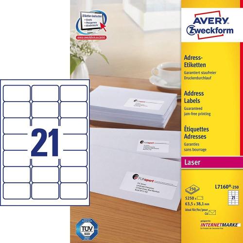 Avery L7160-250 – Boite de 5250 étiquettes autocollantes (21 par feuille A4) – Format 63,5x38,1 mm – Impression laser – Blanc