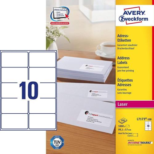 Avery L7173-100 – Boite de 1000 étiquettes autocollantes (10 par feuille A4) – Format 99,1x57 mm – Impression laser – Blanc