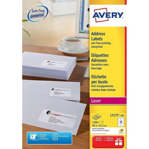 Avery L7177-100 – Boite de 1200 étiquettes autocollantes (12 par feuille A4) – Format 99,1x42,3 mm – Impression laser – Blanc