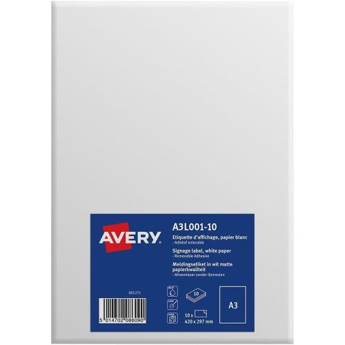 Avery A3L001 - Papier autocollant imprimante repositionnable - 10 étiquettes - 420 x 297 mm - 1 étiquette imprimable par feuille A3 - Personnalisables et imprimables - Impression laser / Jet d'encre