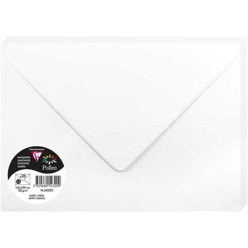 Clairefontaine 5432C – Paquet de 20 enveloppes Pollen de couleur Blanc format C5 162x229 mm 120g
