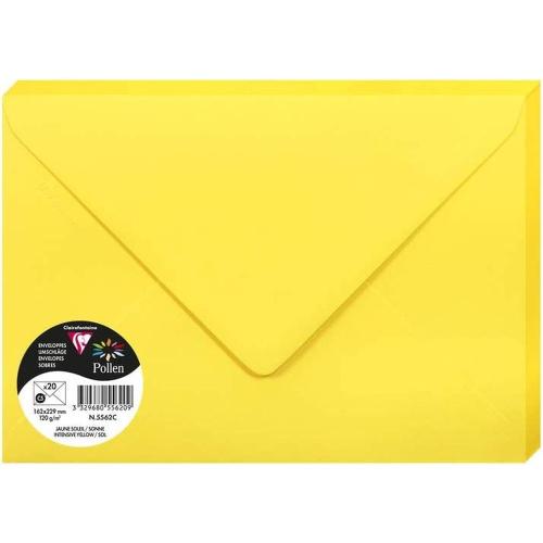 Clairefontaine 5562C – Paquet de 20 enveloppes Pollen de couleur Jaune Soleil format C5 162x229 mm 120g