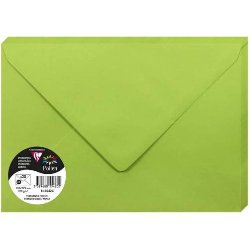Clairefontaine 5542C – Paquet de 20 enveloppes Pollen de couleur Vert Menthe format C5 162x229 mm 120g
