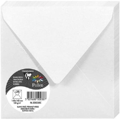 Clairefontaine 50038C – Paquet de 20 enveloppes Pollen de couleur Blanc Irisé format Carrée 140x140 mm 120g, patte gommée