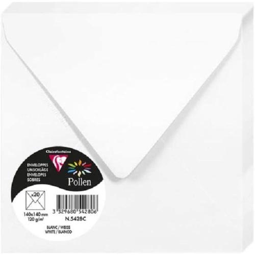 Clairefontaine 5428C – Paquet de 20 enveloppes Pollen de couleur Blanc format Carrée 140x140 mm 120g, patte gommée