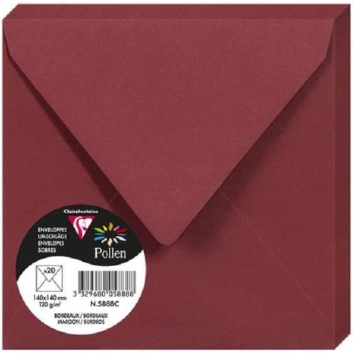 Clairefontaine 5888C – Paquet de 20 enveloppes Pollen de couleur Bordeaux format Carrée 140x140 mm 120g, patte gommée